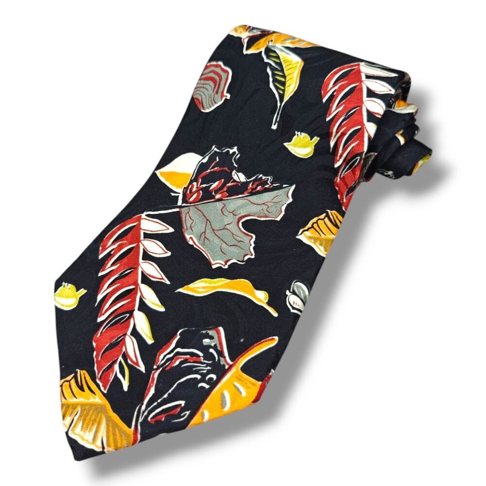 Vintage Christian Dior Monsieur Mens Silk Tie Black & Multicolor Leaf Pattern